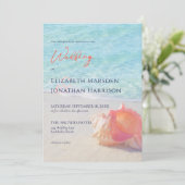 Tropical Beach Aquamarin & Coral Conch Muschel Hoc Einladung (Stehend Vorderseite)