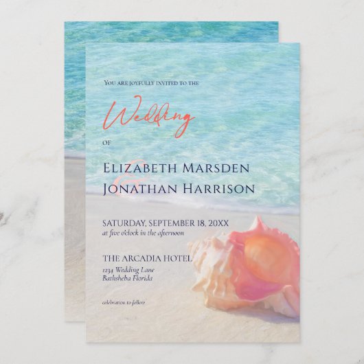 Tropical Beach Aquamarin & Coral Conch Muschel Hoc Einladung (Vorne/Hinten)