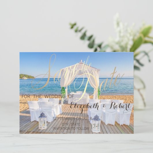 Tropical Beach Arbor Hochzeit retten das Datum Save The Date (Stehend Vorderseite)