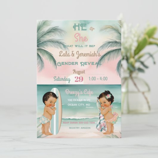 Tropical Beach Baby Gender offenbaren Blush Sage Einladung (Stehend Vorderseite)