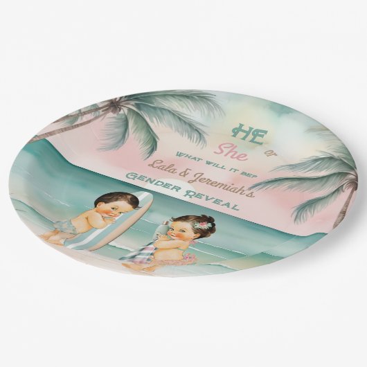 Tropical Beach Baby Gender offenbaren Blush Sage Pappteller (Schrägansicht)