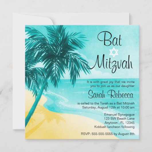 Tropical Beach Bat Mitzvah Einladungen (Vorderseite)