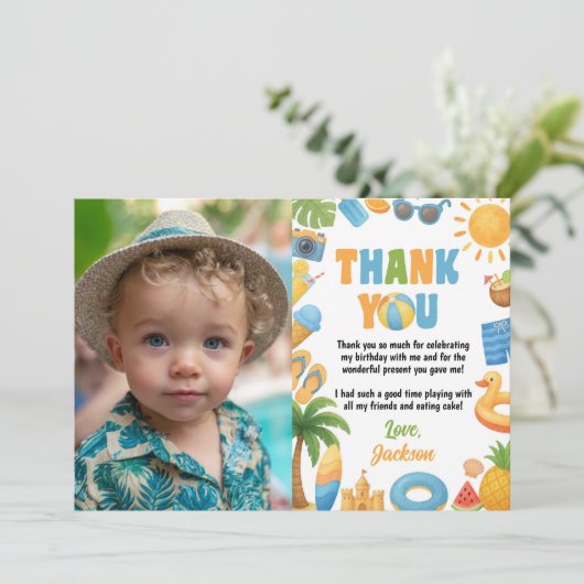 Tropical Beach Birthday Summer Party Foto Dankeskarte (Stehend Vorderseite)