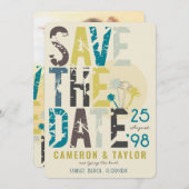 Tropical Beach Blue Palm Trees Grunge Text Foto Save The Date (Vorne/Hinten)
