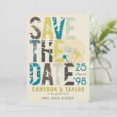 Tropical Beach Blue Palm Trees Grunge Text Foto Save The Date (Stehend Vorderseite)