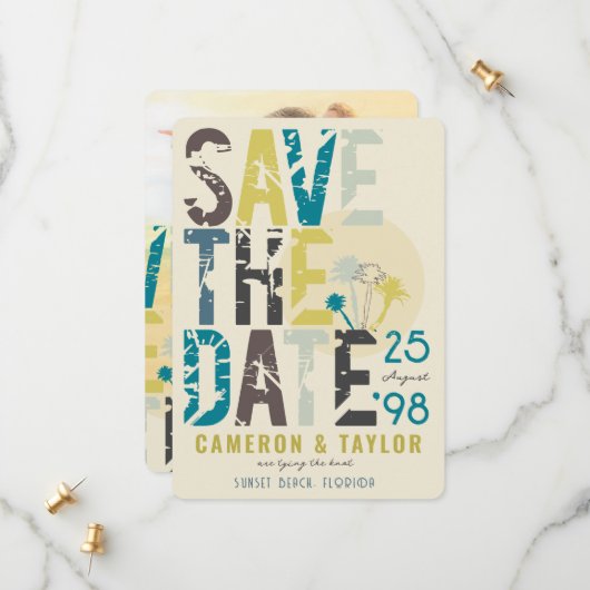 Tropical Beach Blue Palm Trees Grunge Text Foto Save The Date (Vorderseite/Rückseite Beispiel)