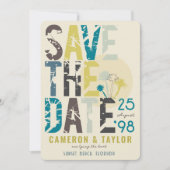 Tropical Beach Blue Palm Trees Grunge Text Foto Save The Date (Vorderseite)