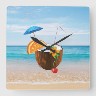 Tropical Beach,Blue Sky,Ocean Sand,Coconut Coctail Quadratische Wanduhr