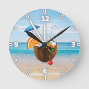 Tropical Beach,Blue Sky,Ocean Sand,Coconut Coctail Runde Wanduhr