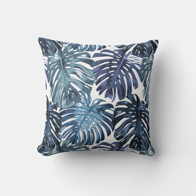 Tropical Beach Blue White Palm Blätter Kissen (Vorderseite)