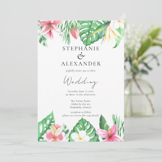 Tropical Beach Blume QR Code Hochzeit Einladung (Stehend Vorderseite)