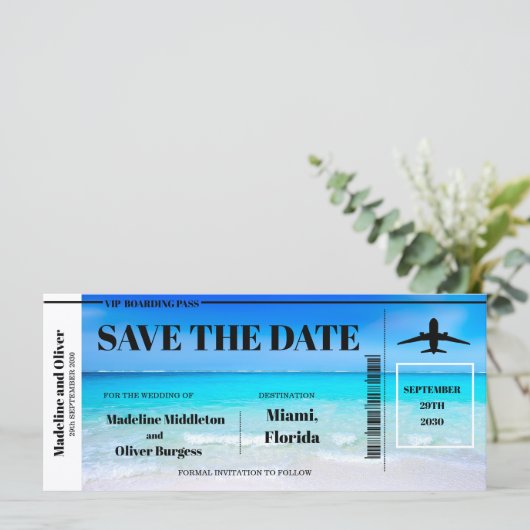 Tropical Beach Boarding Pass Hochzeit retten das D (Stehend Vorderseite)