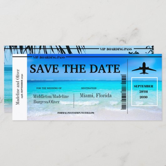 Tropical Beach Boarding Pass Hochzeit retten das D (Vorne/Hinten)