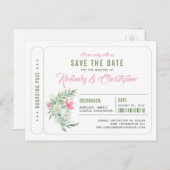 Tropical Beach Boarding Pass Ticket Save the Date Ankündigungspostkarte (Vorne/Hinten)