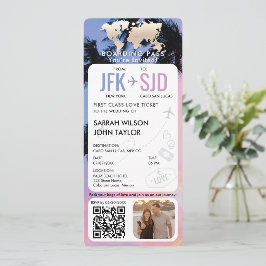Tropical Beach Boarding Pass Ticket Zielort Einladung (Stehend Vorderseite)