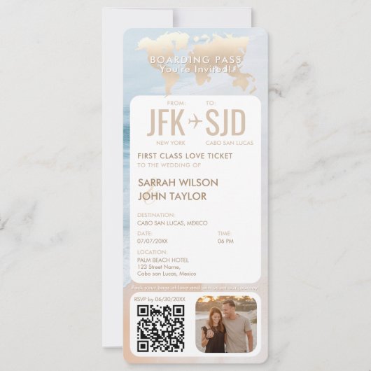 Tropical Beach Boarding Pass Ticket Zielort Einladung (Vorderseite)