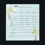 Tropical Beach Bunco Score Pad Notizblock<br><div class="desc">Fun Bunco Bruchpad oder Partitur Blatt für Ihre tropische Strand Bunco themed Veranstaltung. Das Score-Blatt hat eine blaue Farbe mit goldenen Palmen. Leicht zu lesen und leicht zu bewerten. Kreuzen Sie Ihre Bunco's und Baby Bunco's. Suchen Sie nach passenden Tischkarten.</div>