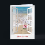 Tropical Beach Christmas Sand Snowman Karte<br><div class="desc">Cute sand man with striped knit cap in beach sand on ocean shore with window frame</div>