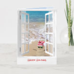 Tropical Beach Christmas Sand Snowman Karte<br><div class="desc">Cute sand man with striped knit cap in beach sand on ocean shore with window frame</div>