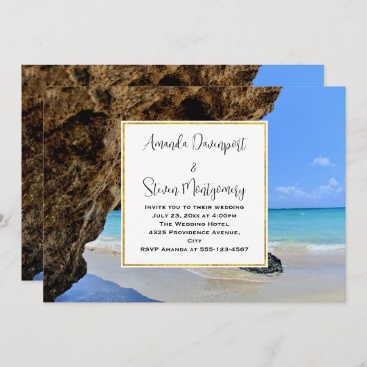 Tropical Beach Coast mit einer Big Rock Hochzeit Einladung (Vorne/Hinten)