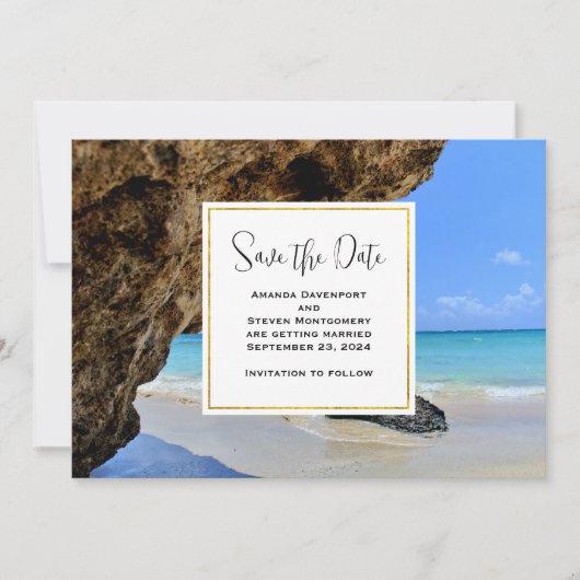 Tropical Beach Coast mit einer Big Rock Hochzeit Save The Date (Vorderseite)