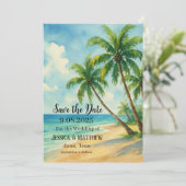 Tropical Beach Coastal Palm Tree Wedding Einladung (Stehend Vorderseite)