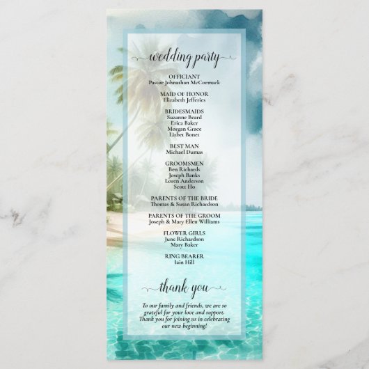 Tropical Beach Coastal Palm Trees Elegant Wedding Programm (Rückseite)