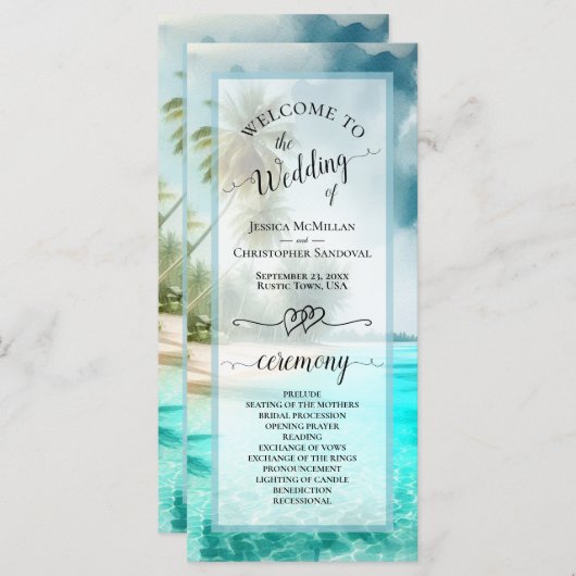 Tropical Beach Coastal Palm Trees Elegant Wedding Programm (Vorne/Hinten)