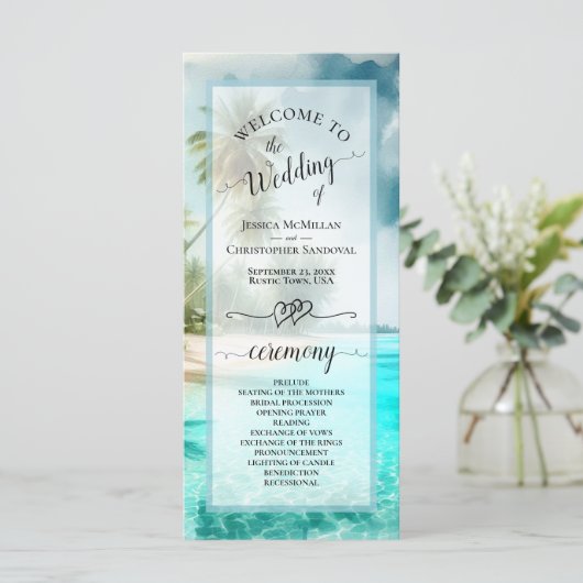 Tropical Beach Coastal Palm Trees Elegant Wedding Programm (Stehend Vorderseite)