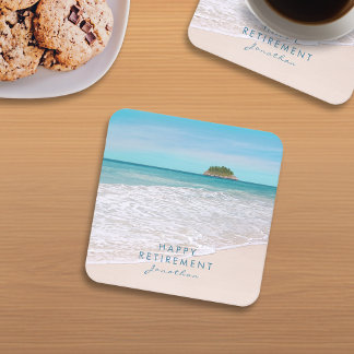 Tropical Beach Custom Text "Happy Retirement" Rechteckiger Pappuntersetzer