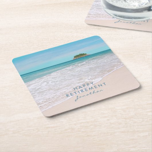 Tropical Beach Custom Text "Happy Retirement" Rechteckiger Pappuntersetzer (angewinkelt)