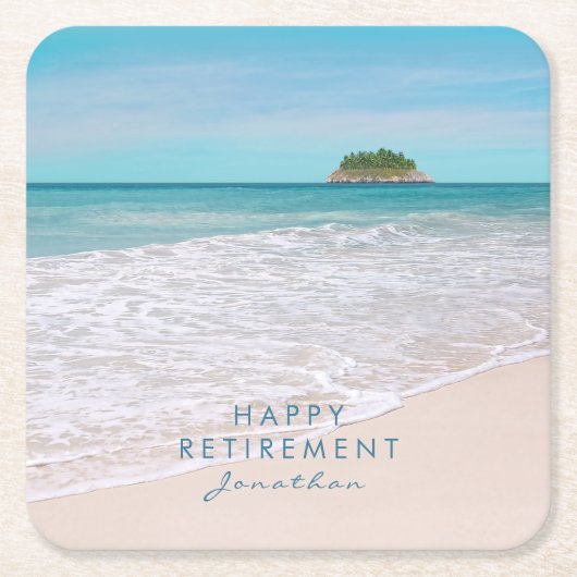 Tropical Beach Custom Text "Happy Retirement" Rechteckiger Pappuntersetzer (Vorderseite)