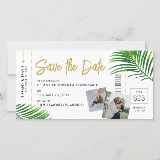 Tropical Beach Destination Boarding Pass Save The Date (Vorderseite)