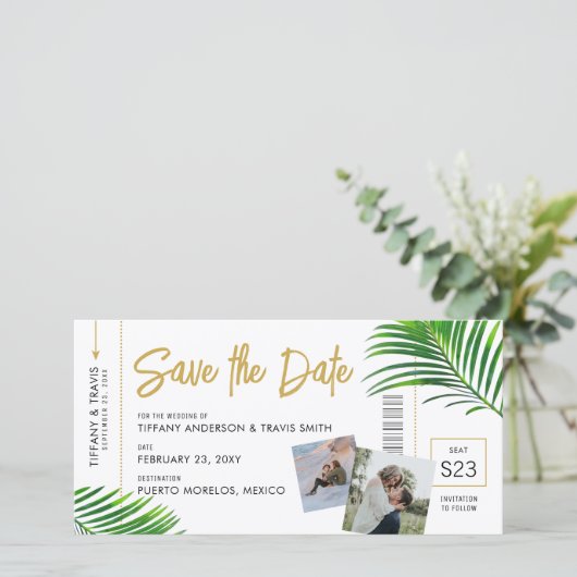 Tropical Beach Destination Boarding Pass Save The Date (Stehend Vorderseite)
