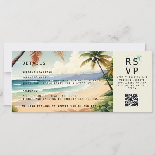 Tropical Beach Destination Boarding Pass Wedding Einladung (Rückseite)
