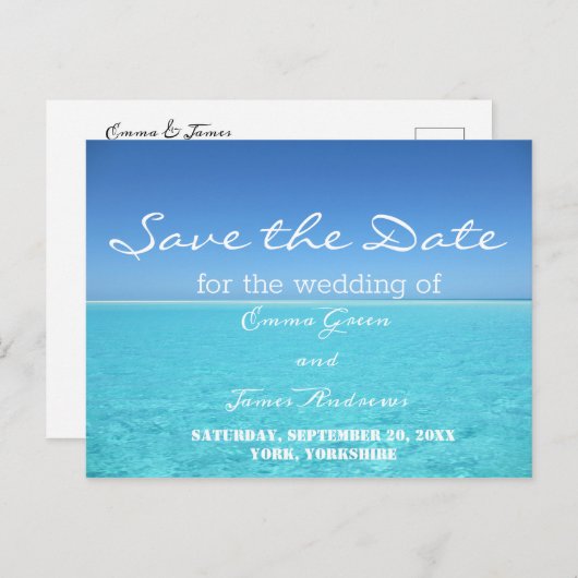 Tropical Beach Destination Save the Date Postkarte (Vorne/Hinten)
