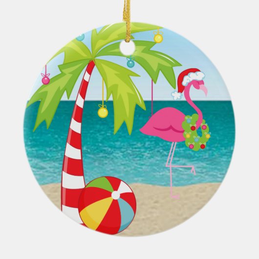 Tropical Beach Flamingo Palm Weihnachtsdekoration Keramik Ornament (Hinten)