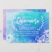 Tropical Beach Floral Blue Watercolor Quinceanera Einladung (Vorne/Hinten)