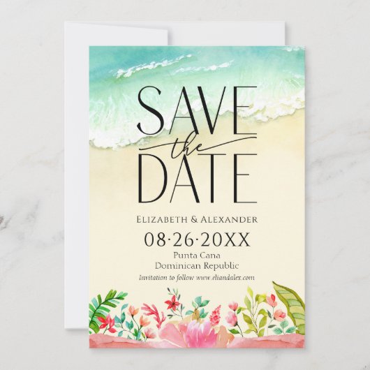 Tropical Beach Floral Calligraphy Save the Date Einladung (Vorderseite)