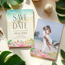 Tropical Beach Floral Calligraphy Save the Date