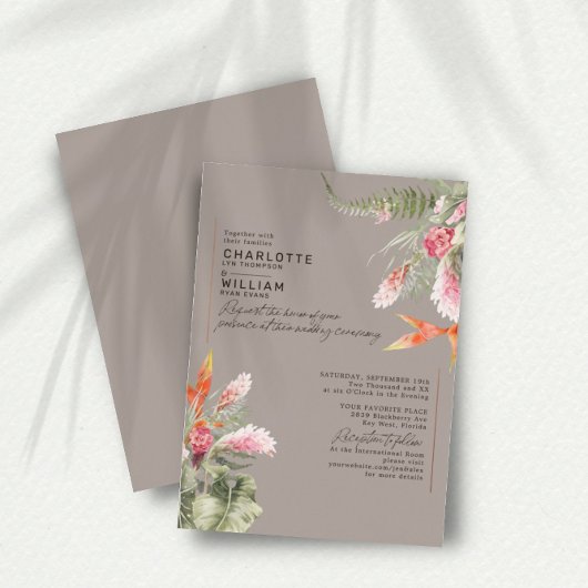 Tropical Beach Floral Taupe Wedding Gold Foil Folieneinladung
