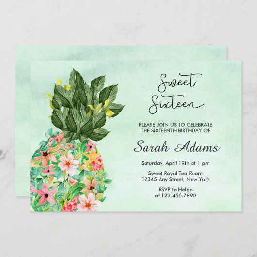 Tropical Beach Floral Watercolor Sweet 16 Einladung (Vorne/Hinten)