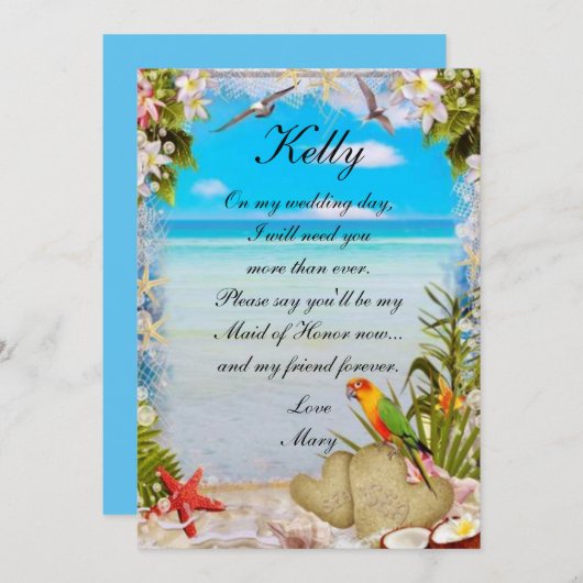 Tropical Beach Floral Wedding Trauzeugin Einladung (Vorne/Hinten)