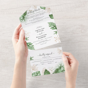 Tropical Beach Foliage & Gold Hochzeit All In One Einladung