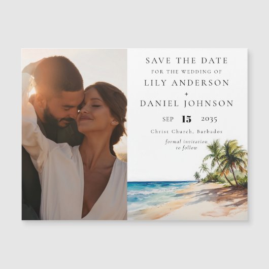 Tropical Beach Foto Hochzeit retten das Datum Magneteinladung (Vorderseite)
