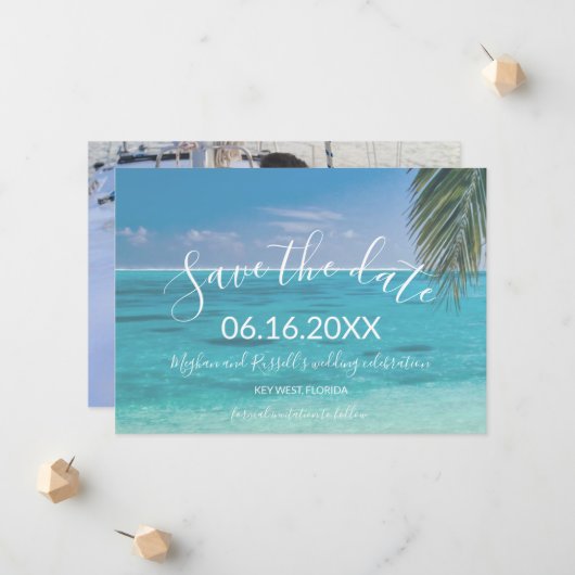 Tropical Beach Foto Wedding Save the Date Ankündigung (Vorderseite/Rückseite Beispiel)