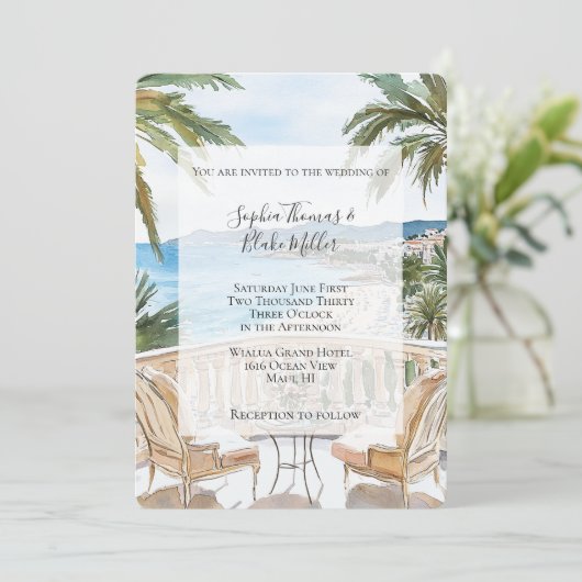 Tropical Beach French Riviera Wedding Einladung (Stehend Vorderseite)