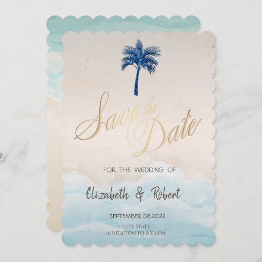 Tropical Beach Glitzer Palm Save The Date (Vorne/Hinten)