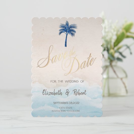 Tropical Beach Glitzer Palm Save The Date (Stehend Vorderseite)