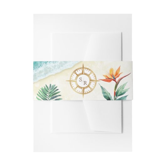 Tropical Beach Gold Compass Monogram Passport Einladungsbanderole (Vorderseite Beispiel)